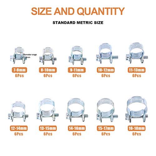 Keadic 60Pcs 10 Sizes Adjustable Zinc Plated Carbon Steel Mini Fuel Injection Style Hose Clamp Assortment Kit for Various Diesel Petrol Pipe - Image 2