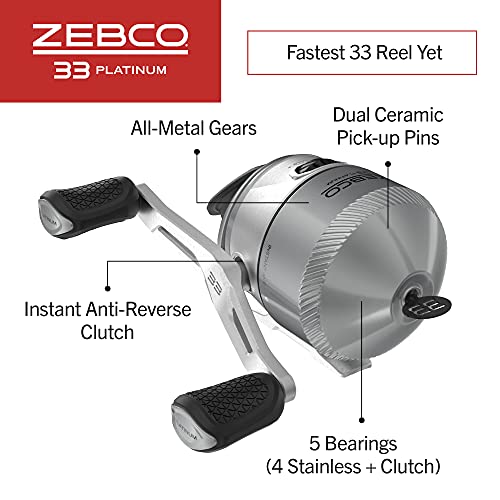 Zebco 33 Platinum Spincast Fishing Reel, 4+1 Bearings with a Smooth and Powerful 4.7:1 Gear Ratio and Instant Anti-Reverse Clutch with a Smooth Dial-Adjustable Drag, Silver