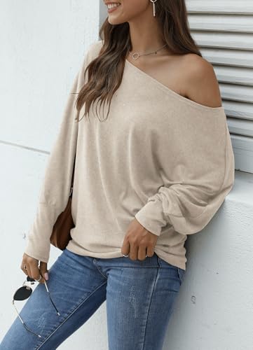 Image of Aifer Women's Off The Shoulder Tops Sexy Long Sleeve Shirts Oversized Fashion Casual Batwing Sweaters Pullover Tunic Tops