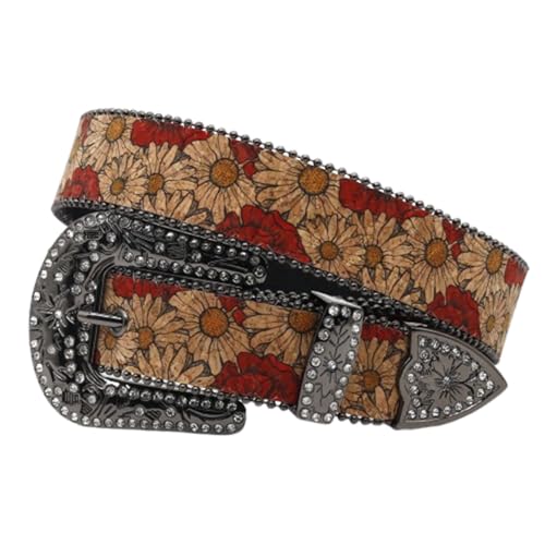Ceinture cloutée en strass pour homme style western marron imprimé marguerites