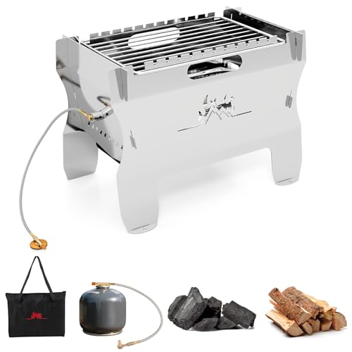 COSTWAY 2-in-1 Camping BBQ Grill, Portable Dual Fuel Butane Gas Fire Pit with Stainless Steel Grate and Carrying Bag, Outdoor Small Countertop Charcoal Wood Burning Grill (Silver)