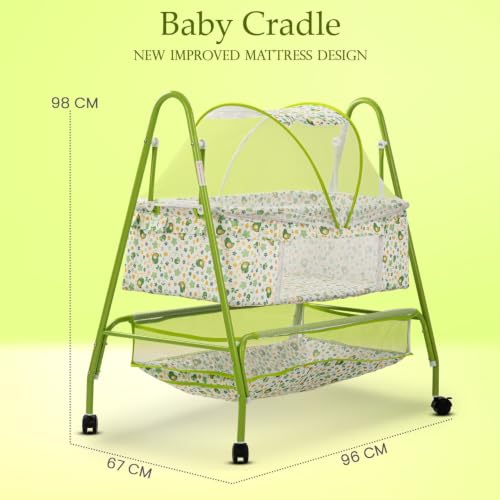 Image of BAYBEE Clora Baby Cradle and Swing with Mosquito Net | Jhula Palna for Newborns | 360 Rotating Lockable Wheels & Storage Basket | Green