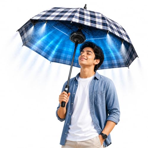 Image of Fan & Mist Umbrella Portable Cooling System | For Summer with Built-in Fan and Spray | UV Protection Umbrella for Outdoor Travel