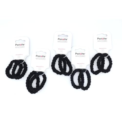 PONETTE - Pack de 10 Gomas de Pelo Trenzadas Negras, Muy Elásticas y Ultra Resistentes, Marca Española
