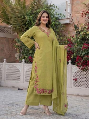 Image of ANNI Designer Kurta Sets for Women Viscose Blend Embroidered | Kurta Palazzo Dupatta Set | Designer Kurti Set for Women | V Neck Full Sleeve Ethnic Suit | Indian Kurta Outfit with Palazzo Pants
