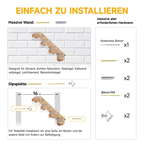 Fukumaru Kletterwand für Katzen, Katzentreppe Wand, Wandliege aus Massives Gummiholz, mit Juteseil für kratzen von Rechts nach Links, für Katzen bis 15 kg mit Juteseil zum Spielen