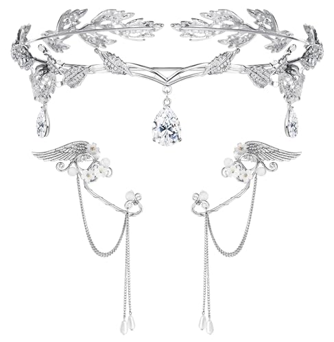 Disfraz de Elfo: Crea tu Look de Legolas o Arwen para Fiesta o Cosplay Kakonia Accesorios de disfraz de hada elfopara mujer, diadema de hojas de diamantes de imitación, corona, orejas de elfo, pendientes de elfo para Halloween, Cosplay plateado