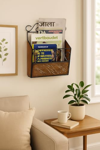 Image of Wood & Wrought Iron Modern Elegance Magazine Newspaper & Book Wall Rack for Home & Office, Black & Natural Finish, 38x28x11 cm