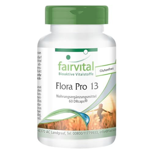 fairvital Flora Pro 13, 60 cápsulas, fáciles de tragar, ALTA DOSIS, 13 cepas bacterianas y 41 500 millones de cultivos por cápsula