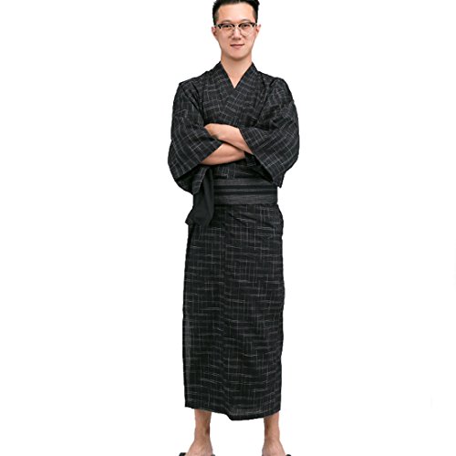 MAYSONG Japanese Yukata Kimono Robe OBI Belt Mens Yukata Set L Square Pattern