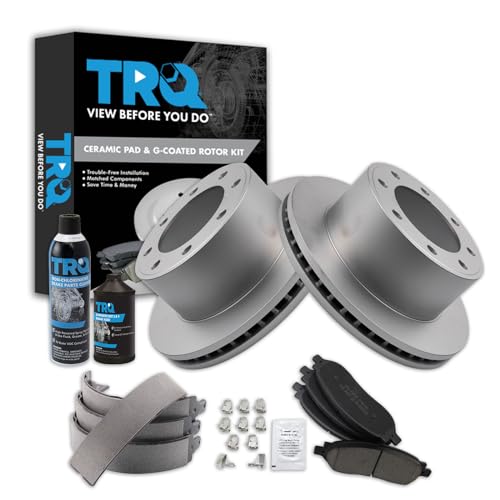 Image of TRQ Rear Brake Pad & Rotor Kit, with Chemical Kit Parking Brake Shoe Set Ceramic Premium G-Coated Compatible with 2005-2007 Ford F-250 Super Duty F-350 Super Duty