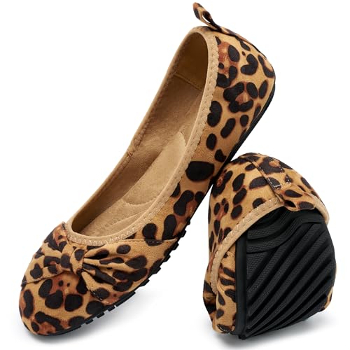 Ecetana Women's Ballet Flats Shoes Dressy Round Toe Bowknot Slip Ons Comfortable Suede Foldable Loafers for Casual Work Business Leopard
