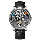 Men's Space Station Automatic Watch, Self-Winding 50m Water Resistant, Full Transparent Glass Case, Unique Space Style, Astronaut Themed Leather Strap Mechanical Watch(Silver, Black)