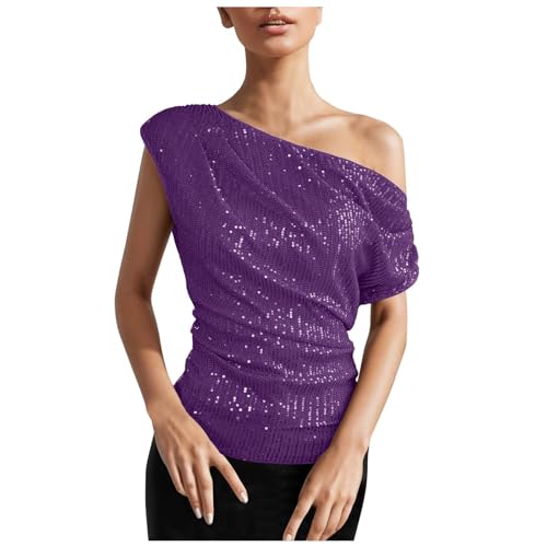 2025 Top de lentejuelas de un solo hombro para mujer, tops con purpurina asimétrica fruncida, camisas de fiesta adelgazantes, camiseta amarilla para mujer S, morado, XL