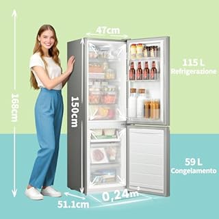 COMFEE' RCB169DS2(E) Frigorifero doppia porta 174L, Congelatore da incasso, Basso Gelo, Altezza 150 cm, Bassa Rumorosità 39 dB, Luce LED, Temperatura Regolabile, Argento