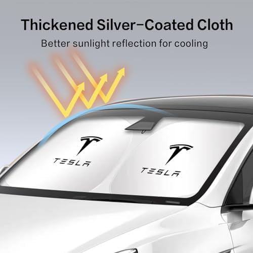 300T Sunshade for Tesla Model Y Model 3, Car Accessories 2026 for Tesla, Front Window Sunshade with Organizer Bag, Gifts for Tesla Owners - 4