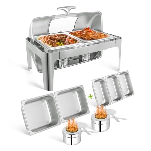 Vudex Rectangular Roll Top Chafing Dish Buffet Set, Catering Food Warmer for Parties, Half Full Size & 3 Party-Size Chafing Server Dish, 14QT Water Pan for Birthday Party Thanks Giving New Year Party
