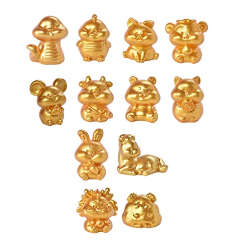 Ushobe 12Pcs Resin Chinese Zodiac Animal Figurine Ornaments Vintage Feng Shui Statue Sculptures Chinese New Year Table Decorations #TOP4