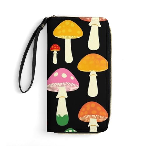Travel Credit Card Holder Wallet for Women, Pu Leather Slim Card Holder Case Wallet Cute Mushrooms Ladies Funny Mushroom Long Purse with Wrist Strap3