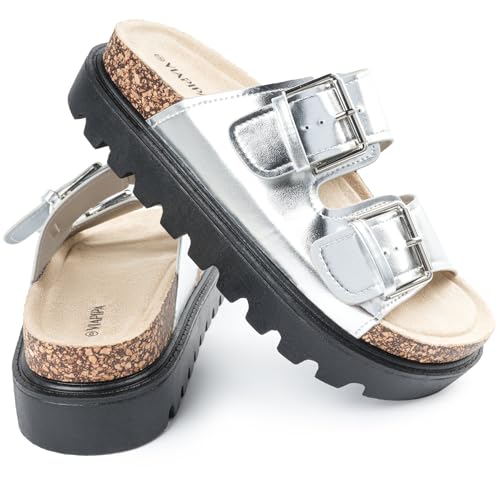 Image of Chunky Platform Sandals for Women, Waterproof Non-Slip Rubber Sole, Adjustable Double Buckle, Arch Support Open Toe Slide Sandals, Comfortable Black Wedge Sandals for Women