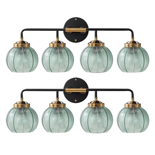 Image of 2-Pack Thick Glass 4-Light Bathroom Vanity Light Fixture Green Glass | 15cm Globe Shade Mid Century Modern Light fixture Black Gold Metal Finish Large Sconce Over Mirror Bath Living Room Cabinet