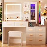 ANWBROAD 51.8' Vanity Desk with Mirror and Lights Makeup Vanity Desk with Lights 3 Colors Large White Vanity Dresser RGB 8 Drawers with Charging Station Stool Shelves for Girls Women Bedroom UBDT77W