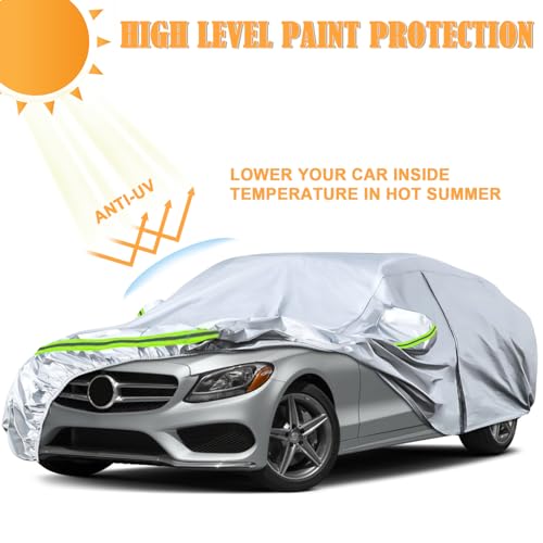 Image of Waterproof Car Covers Replace for 2008-2025 Mercedes Benz C-Class C250 C300 C350, 6 Layers Silver All Weather Car Cover with Zipper Door & Windproof Bands for Snow Rain Dust Protection