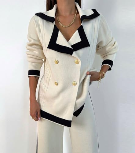 chouyatou Women's Double Breasted Color Block Knit Cardigan Sweater Notched Lapel Oversized Jacket Coat2