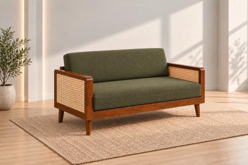 Image of Sainistree Sheesham Wood 3+2 Seater Sofa | Solid Wood Cane & Rattan Sofa for Living Room | Mid-Century Modern Accent Sofa | Green Upholstery, Teak Brown Finish