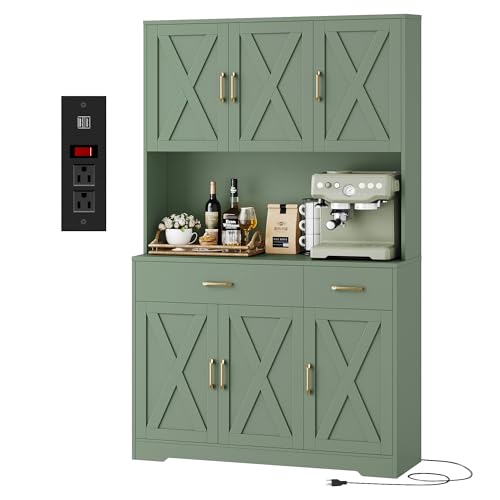 Hostack 71 Inch Pantry Cabinet With Charging Station In Green