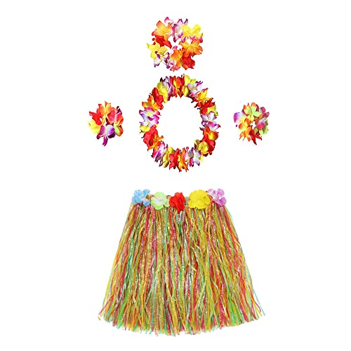Gentlife 40cm Elastic Hawaiian Hula Dancer Grass Skirt with Flower Costume Set for Girls Women Hawaiian Luau Outfit Party Decorations