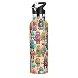 Isolierte Edelstahl-Wasserflasche mit Strohhalm-Deckel, bunte Roboter, Wasserflasche für Jungen, Mädchen, Reisebecher für Kinder, auslaufsicher, doppelwandig, Vakuum mit Griff, 590 ml
