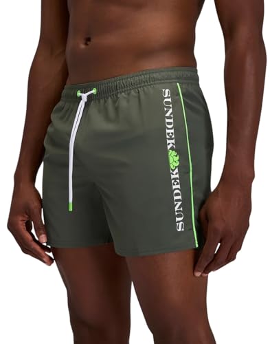 Short Swimshorts With Elasticated Waist And Contrasting Piping In Repreve® Recycled Polyester Green M
