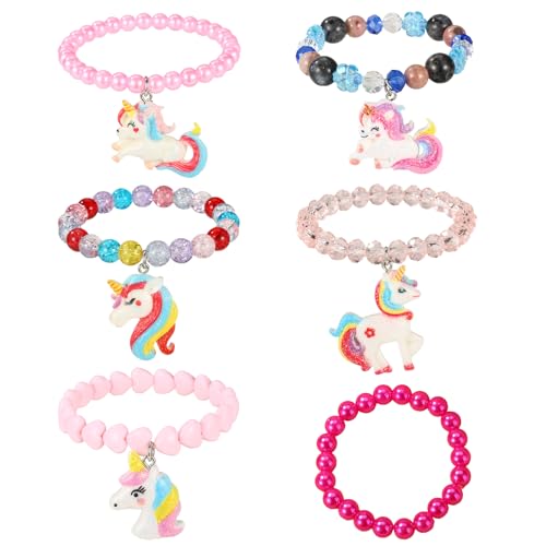Mikovivi 6pcs Unicorn Rainbow Bracelets, Cute Beaded Bracelets for Girls and Toddlers Birthday Party Goodie Bag Stuffers Pretend Play Jewelry