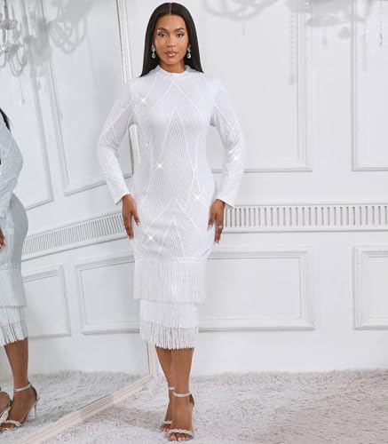 Image of Cololura Sexy Elegant Women Sequin Long Sleeve Tassel Bodycon Midi Dress Party Evening Gown Formal Dress