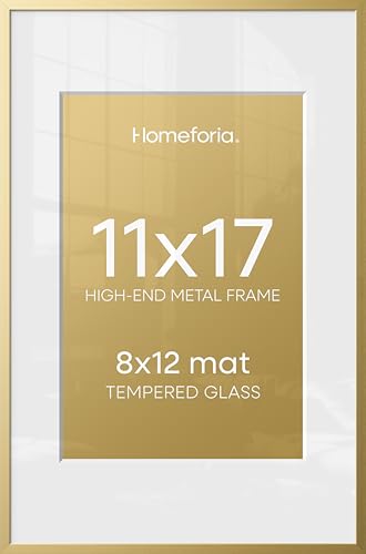 Image of Homeforia 11x17 Picture Frame Gold, High End Metal 11x17 Poster Frames with Mat 8x12 for Photo, 11 x 17 Gold Frame Matted to 8 by 12 Print, 17x11 Thin Hanging Frame, Tempered Glass, Wall Kit, Set of 1