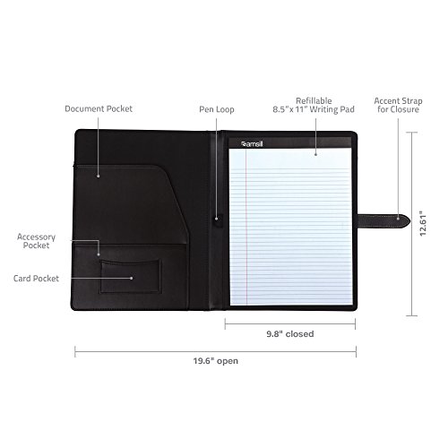 Image of Samsill Contrast Stitch Leather Padfolio and Business Portfolio for Men and Women, Resume /Document Organizer with Writing Pad and Strap Closure, Black (71740)