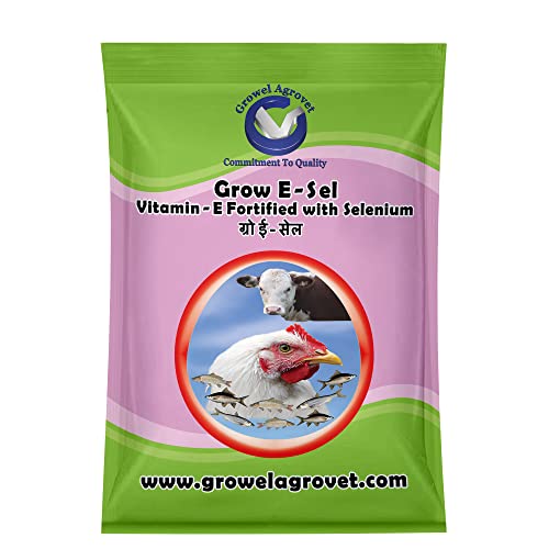 Growel Agrovet Grow E-Sel : Vitamin E, Selenium,Vitamin C, And Biotin, For Poultry, Cattle, Horses, Pigs, Goats, Sheep, Pigeons, And Birds 200 Gm.