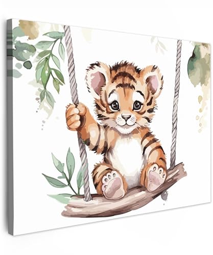 Tableau Mural Decoration Jungle Chambre Enfant Toile Aquarelle Tigre 70x50
