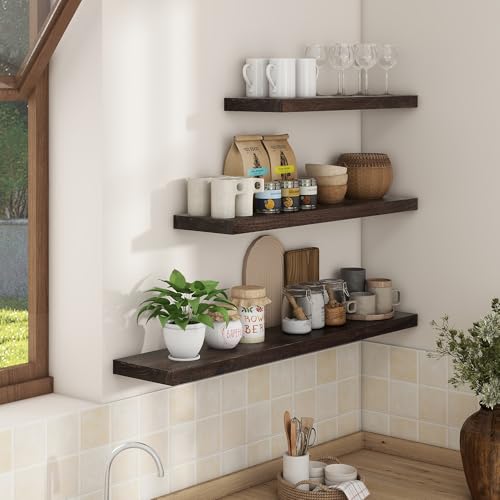 Image of Floating Shelves for Wall, 24in Reclaimed Elm Wood Shelves, Walnut, 2PCs | 8in Deepth Rustic Solid Elm Wood Shelves for Storage, Wall Display Shelving, Invisible Metal Bracket