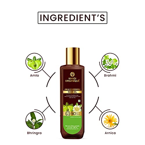 Image of Khadi Organique Amla & Bhringraj Hair Oil | Promotes Hair Growth & Thickness | Nourishes Scalp | Strengthens Roots | No Paraffin, Mineral Oil, Preservatives & Chemicals - 200 ml