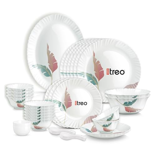 Image of Treo by Milton Opalware Aurelia Palma Dinner Set of 35 | Serving for 6 | Microwave & Dishwasher Safe | Bone-Ash Free | Tempered Toughness | Plates, Bowls, Spoons | Crockery Set for Dining & Gifting