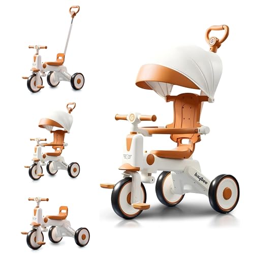 Baybee 3-in-1 Kids Tricycle with Parent Handle Canopy Light & Music Adjustable Push Handle and Safety Guardrail | Cycle for Kids | Ride-On Trike for Toddlers 1-5 Years Boys Girls (Brown)