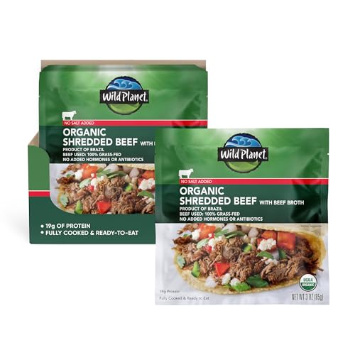 Wild Planet USDA Organic Shredded Beef with Beef Broth, No Salt Added, 3 oz Pouch (Pack of 24)