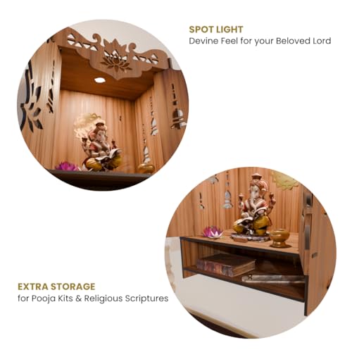 Image of NIVED YAMUNA Engineered Wood Mandir with Door | Spotlight | Extra Storage | 21 x 16 x 10.5 inch | Wall Mountable | No Screw /Bolt Screw Assembly | Home Temple | Pooja Stand | Colour: Walnut