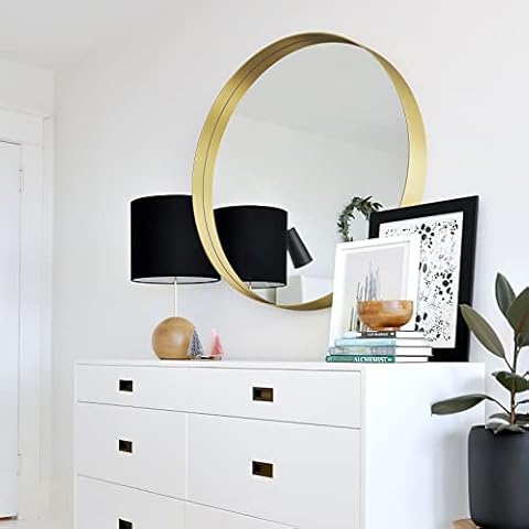 Round Wall Bathroom Mirror,28" Large Metal Frame Matte Gold Wall Mounted Deep Circle Mirror for Washroom,Entryways,Living Rooms,Locker Room Cover