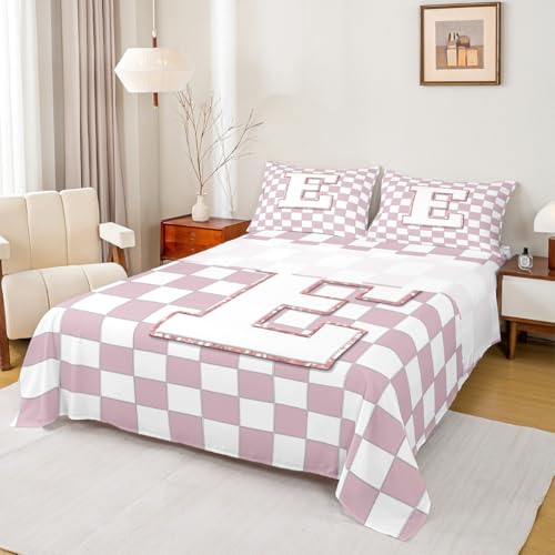 Image of Erosebridal Pink Initial E Bed Sheets King Kawaii Plaid Checkered Sheet Set Cute Personalized Monogram Bedding Set for Kids Girls Teen Women,Fashion Grids Gingham Fitted Flat Sheets 4 Piece