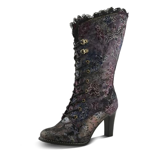 L'Artiste FORUTALUV Women's Embroidered Suede Lace-Up Boot – Baroque Velvet Mid-Shaft with Stacked Heel