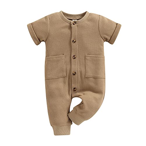 Image of Ynibbim Winter Newborn Baby Boy Girl Solid Romper Unisex Infants Hooded Outfit Clothes Waffle Cotton Button Jumpsuits