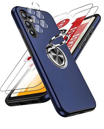 LeYi Funda para Samsung Galaxy A34 5G/A 34 con 2× Protector de Lente de Cámara,2× Cristal Templado, Carcasa con 360 Grados Metálico Anillo Hard PC Silicona Antigolpes Case para Samsung A34, Azul